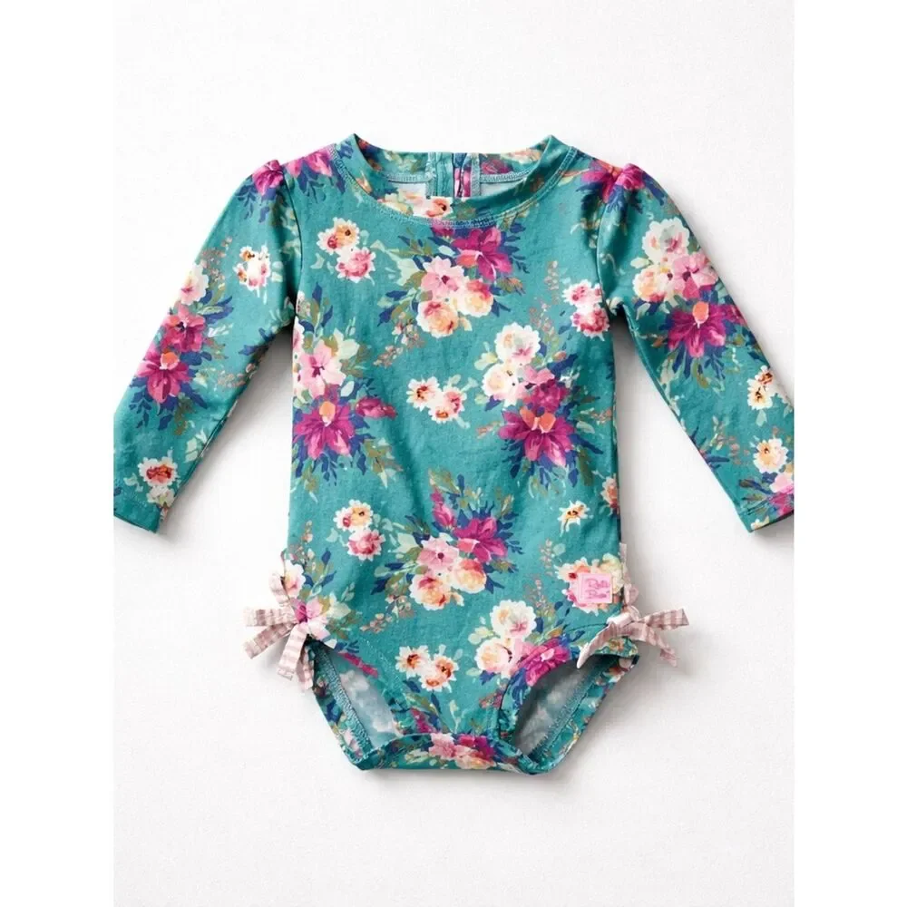 RuffleButts green and pink floral back zipper rash guard one piece swim 6-2 m